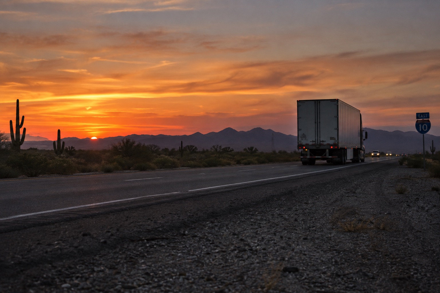 A tractor-trailer heading east on Interstate 10 through the Sonoran desert at sunset, saguaro and a low mountain range on the horizon.