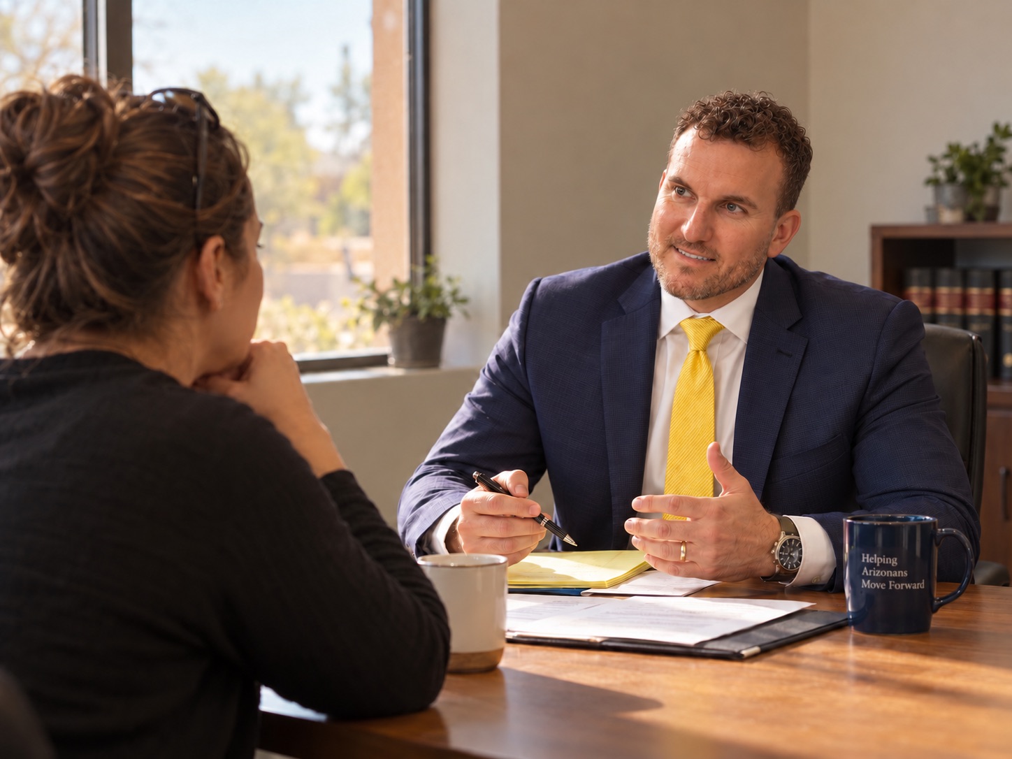 Kellen Bradley seated across a table from a client, mid-conversation, papers and coffee between them.